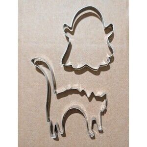 Halloween Cookie Cutters 2 Piece Metal Lot Arched Cat Waving Ghost Tin